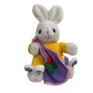 White Easter Bunny Plush Yellow Outfit & Purple Blanket 10" Stuffed Animal 1990‎